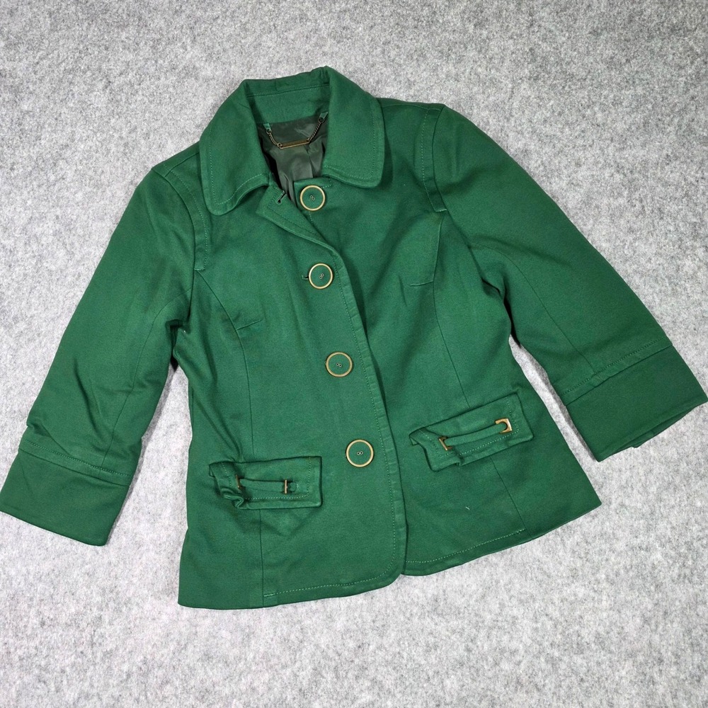 Trina Turk Blazer Jacket Suit Green 3/4 Sleeve Gold Button Stretch sz 4 Academia